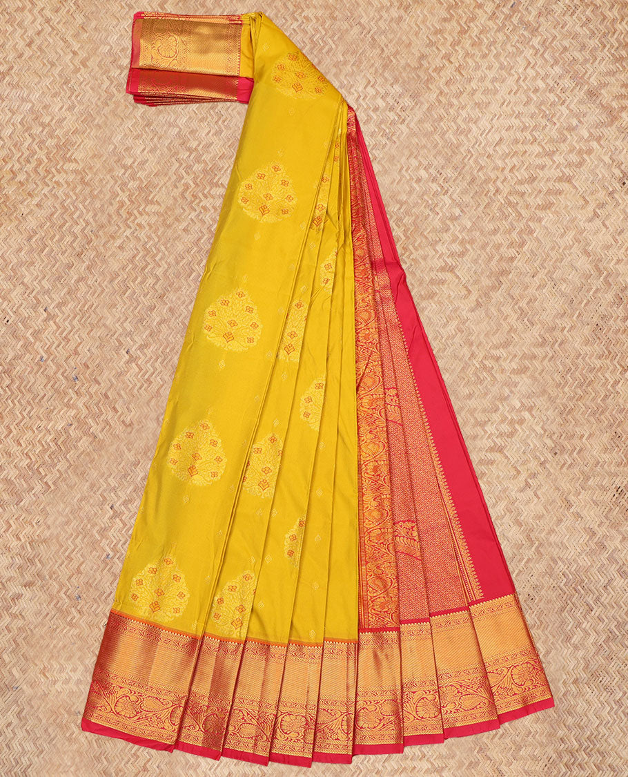 Yellow Budget Silk Saree, Woven with Zari Buttas, a Contrast Traditional Zari Border, Grand Pallu, and a Contrast Blouse