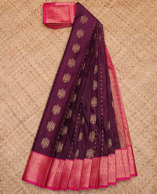 Purple Budget Silk Saree, Delicately Woven with Zari Buttas and Stripes, a Contrast Traditional Zari Border, Grand Pallu, and a Contrast Blouse