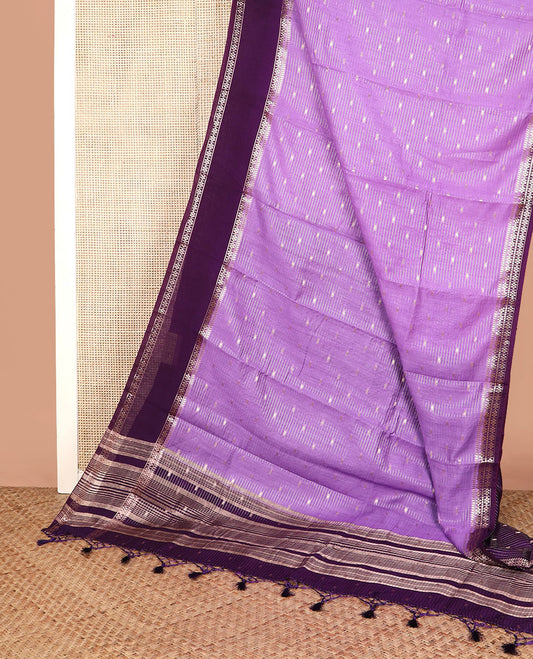 Lavender buttas and striped assam silk saree, contrast traditional zari border, and pallu of zari stripes