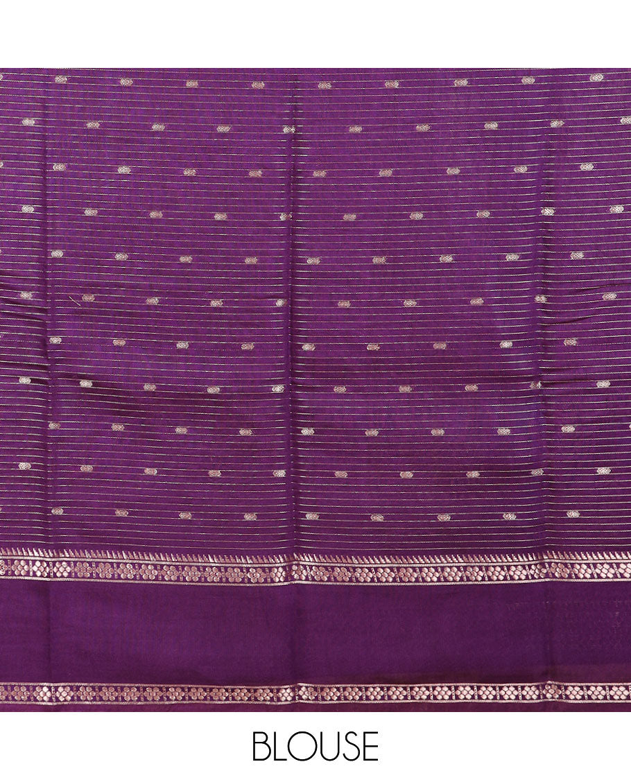 Lavender buttas and striped assam silk saree, contrast traditional zari border, and pallu of zari stripes