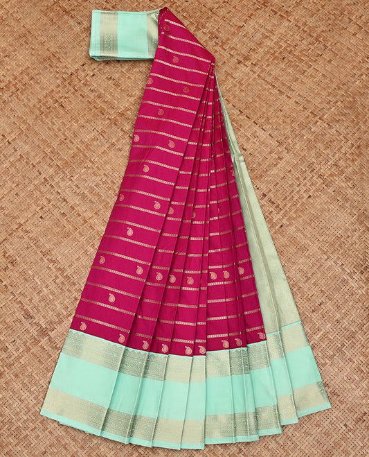 Dark Pink Budget Silk Saree, Enthralled with Zari Stripes and Paisley Buttas All Over Its Body, Complemented by a Contrast Temple Traditional Zari Design Rettai Pettu Border, Sparsely Woven Pallu, and Paired with a Contrast Blouse