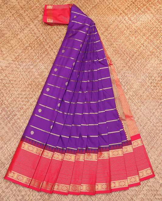 Violet Budget Silk Saree, Decorated with Zari Buttas and Stripes, Contrast Traditional Zari Temple Border, Grand Jaal Pallu, and a Contrast Blouse