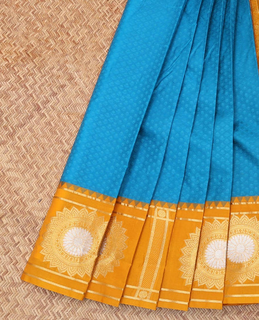Blue Embossed Budget Silk Saree,, Complemented by Contrast Chakram Zari Border, a Grand Jaal Pallu and a Contrast Blouse