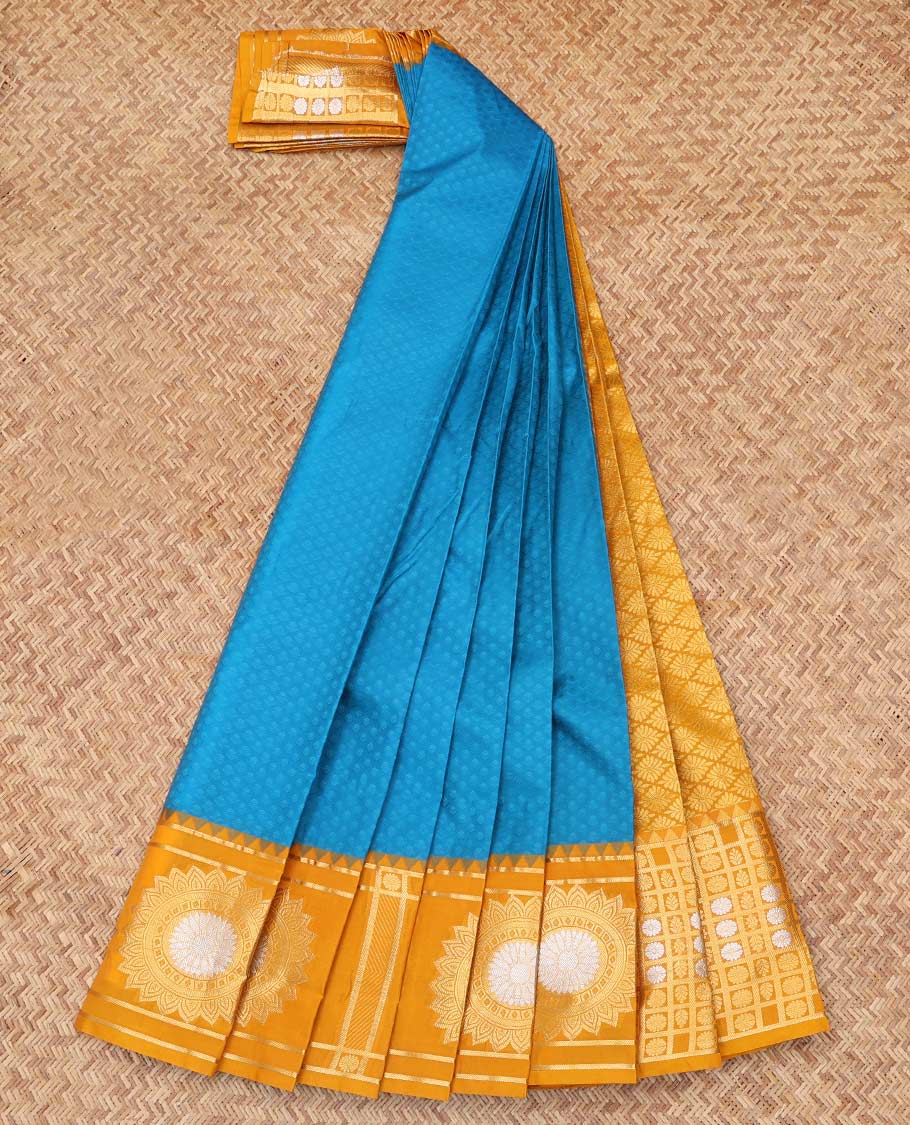 Blue Embossed Budget Silk Saree,, Complemented by Contrast Chakram Zari Border, a Grand Jaal Pallu and a Contrast Blouse