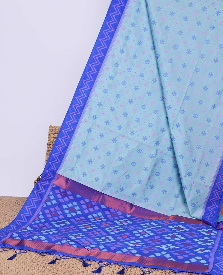 Blue floral motifs butter silk saree with contrast zig zag striped border & geometric motifs pallu