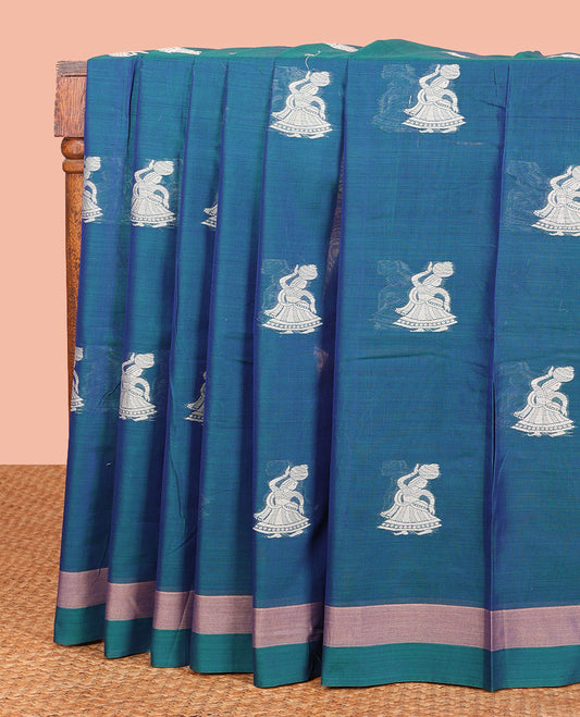 Blue Narayanapet Cotton Saree Decked Up with Girl with a Pot Motifs, Subtle Self-Border, Pallu Mirrors the Same Body Motifs, and Paired with a Matching Blouse