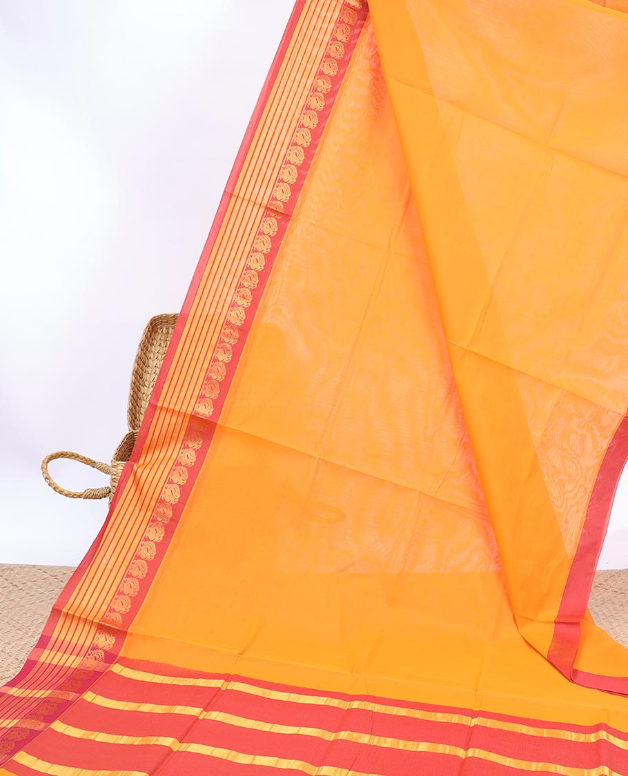 Orange plain Vengatagiri cotton saree, contrast traditional design border & striped pallu