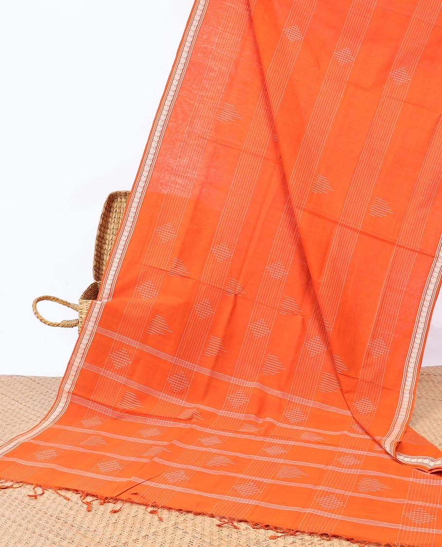 Orange geometric patterned Andhra cotton saree, paisley design border & striped & diamond motifs pallu 