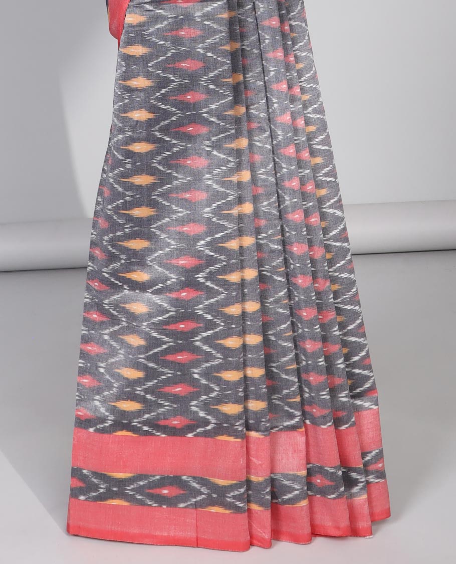 Grey argyle design ikkat cotton saree with contrast border & floral design pallu