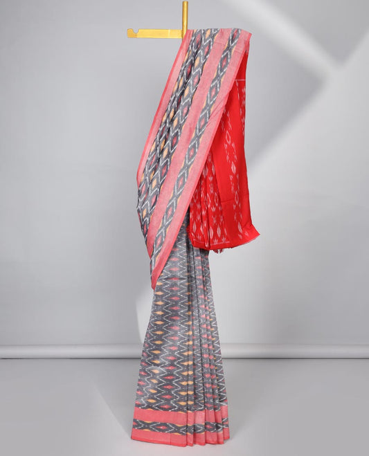Grey argyle design ikkat cotton saree with contrast border & floral design pallu