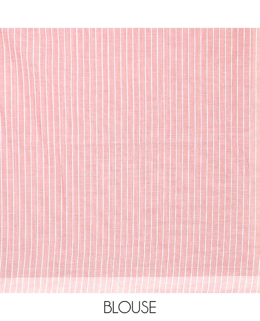 Borderless light sandal and pink striped jute cotton saree, self-pallu of stripes