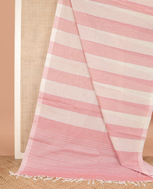 Borderless light sandal and pink striped jute cotton saree, self-pallu of stripes