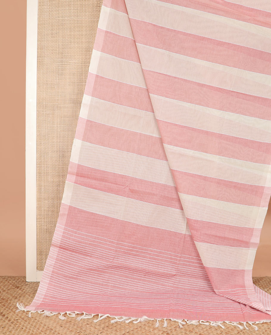 Borderless light sandal and pink striped jute cotton saree, self-pallu of stripes