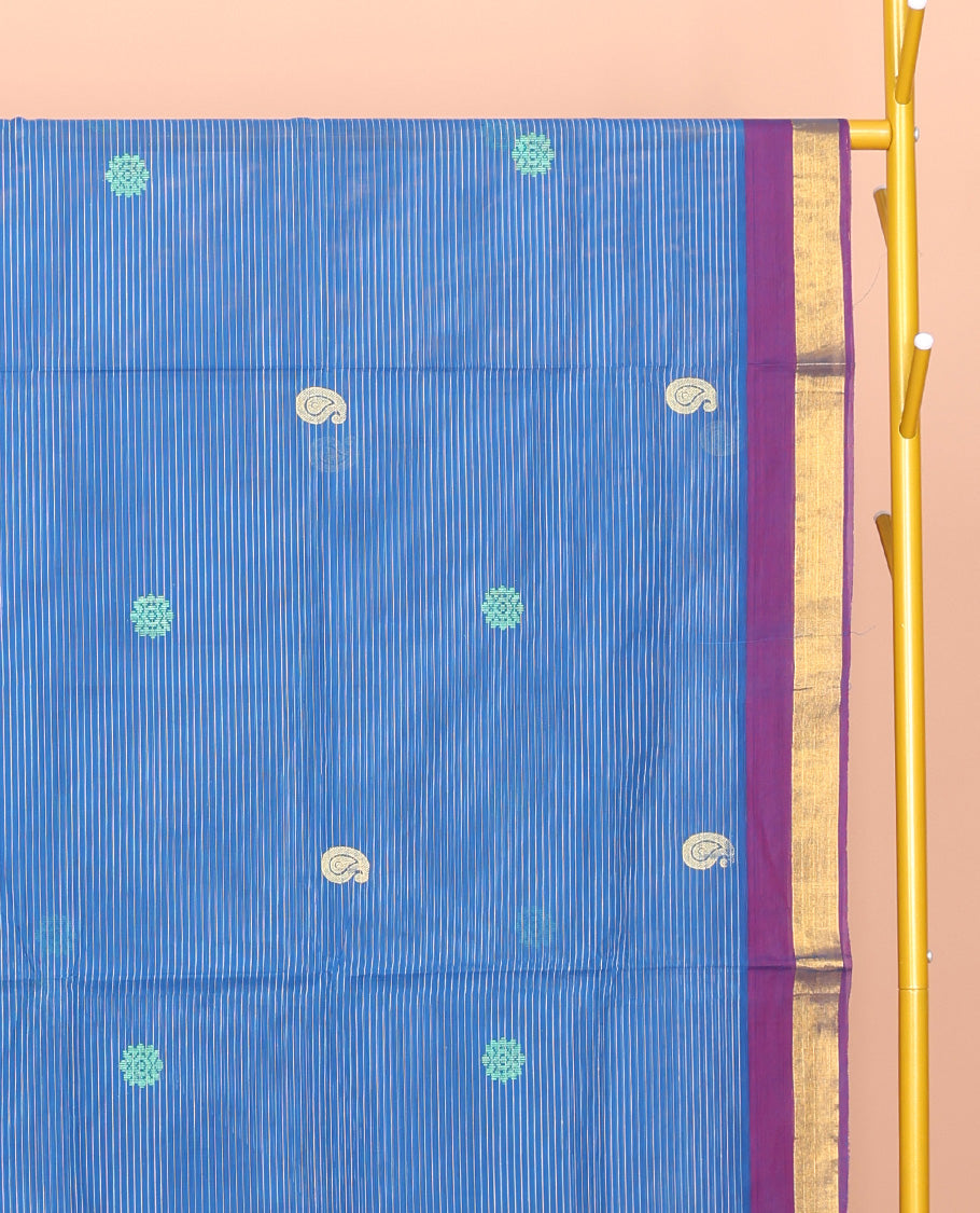 Blue Venkatagiri Cotton Saree Features Buttas and Stripes, a Contrast Traditional Zari Border, Pallu of Buttas and Stripes, and No Blouse