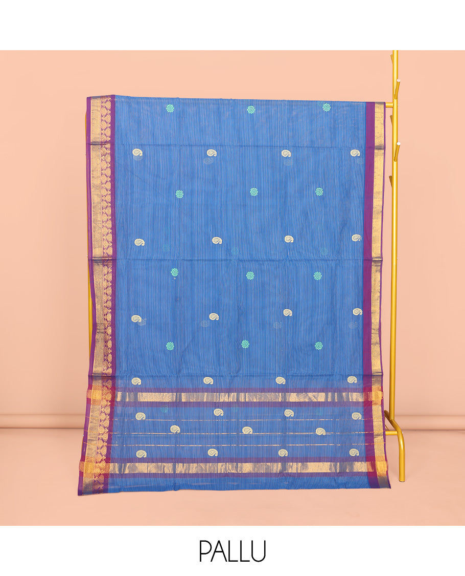 Blue Venkatagiri Cotton Saree Features Buttas and Stripes, a Contrast Traditional Zari Border, Pallu of Buttas and Stripes, and No Blouse