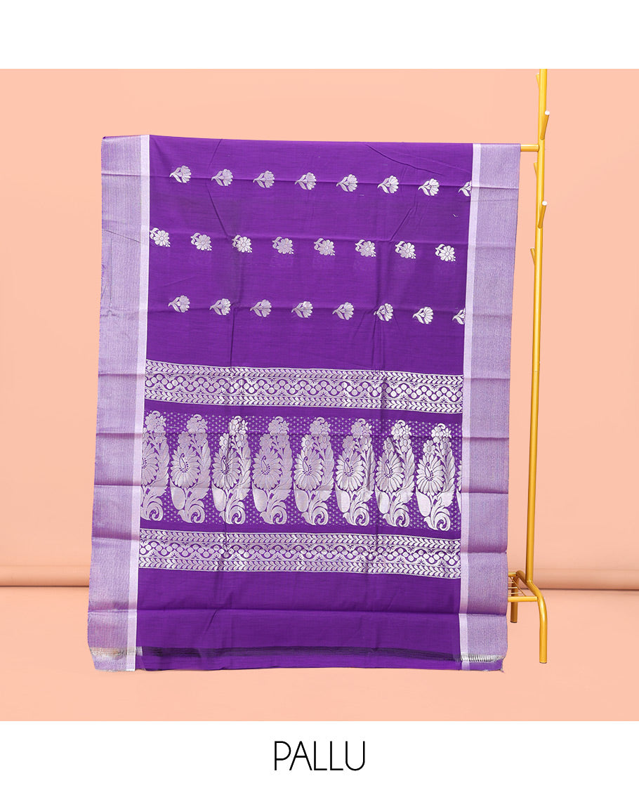 Violet Semi-Silk Cotton Saree, Detailed with Floral Buttas on Its Body, a Subtle Zari Border, Pallu Features Floral Designs, and Paired with a Matching Blouse
