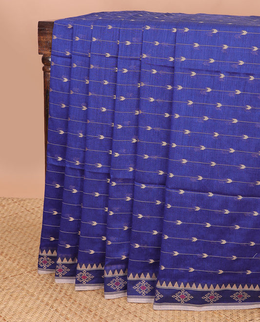 Blue striped, arrow design ikkat cotton saree with contrast floral design border & striped pallu