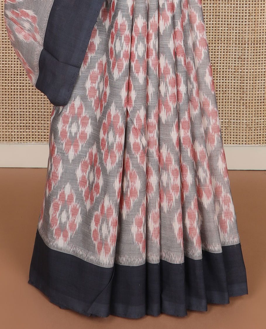 Grey floral jaal-patterned Pochampally cotton saree, contrast border & pallu of ikkat jaal design