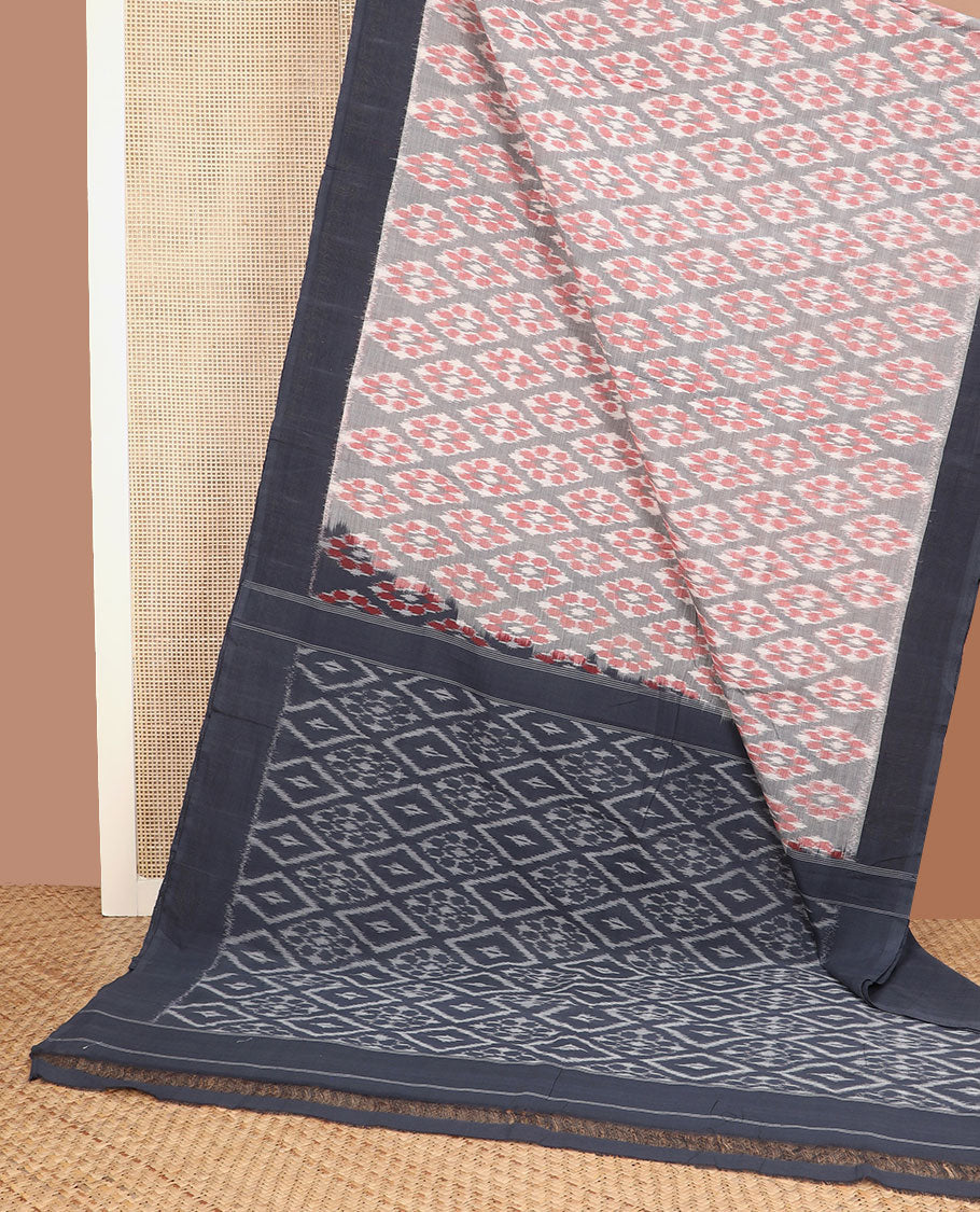 Grey floral jaal-patterned Pochampally cotton saree, contrast border & pallu of ikkat jaal design