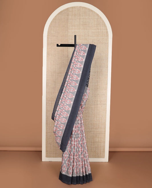 Grey floral jaal-patterned Pochampally cotton saree, contrast border & pallu of ikkat jaal design