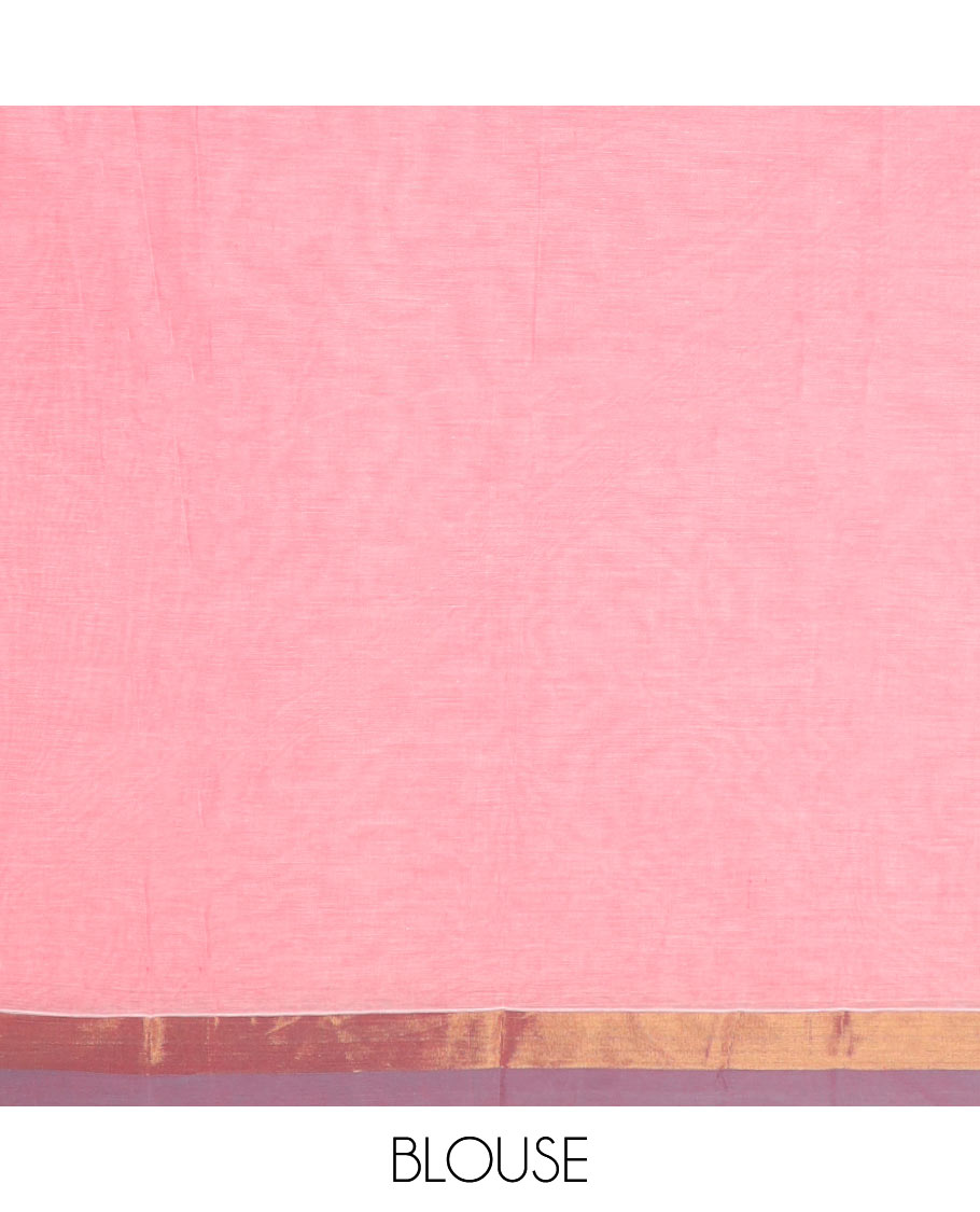 Pink floral stripes kanchi cotton saree, contrast zari border, and checked pallu