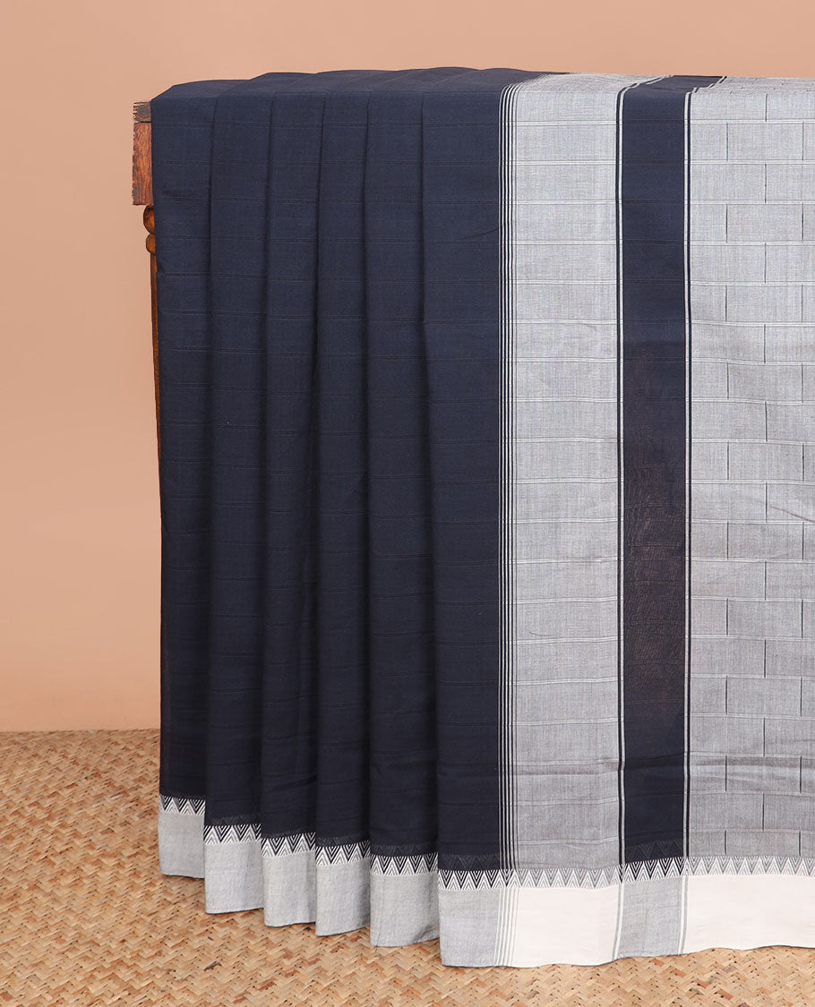 Navy blue checked Andhra cotton saree, contrast temple border, and contrast checked pallu