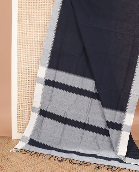 Navy blue checked Andhra cotton saree, contrast temple border, and contrast checked pallu