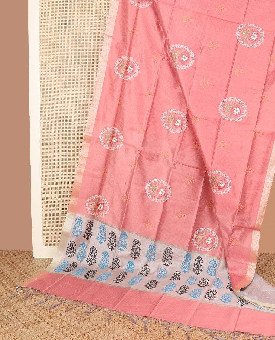 Pink floral thread embroidered Chirala cotton saree, bavanji border, and contrast block printed pallu