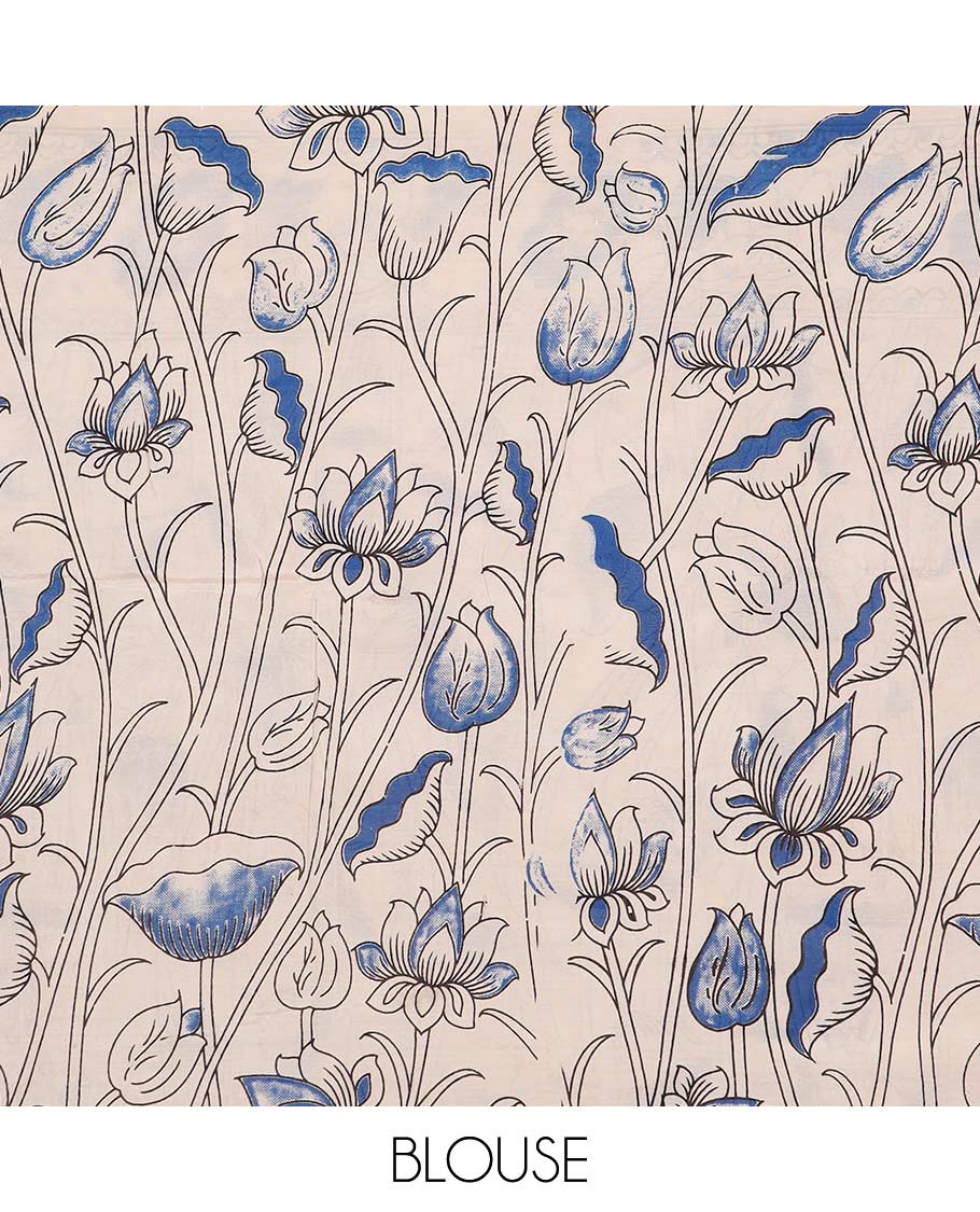 Red lotus floral motifs machine printed kalamkari cotton saree, floral creeper printed border, and peacock printed pallu