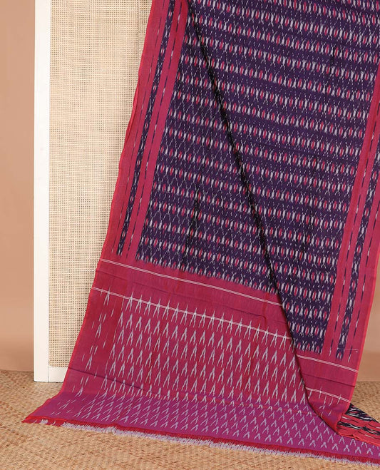 Purple jaal design ikkat cotton saree, contrast ikkat border, and pallu of ikkat chevron motifs