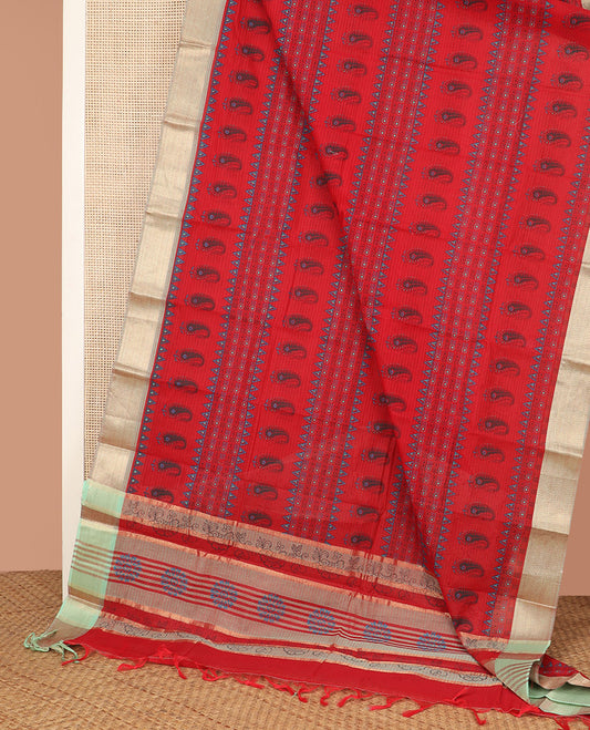 Red Chirala Cotton Saree, Richly Detailed with Triangle, Floral, and Paisley Motifs All Over Its Body, Complemented by a Contrast Chevron Striped Border, Pallu of Floral Print, and Paired with a Contrast Blouse