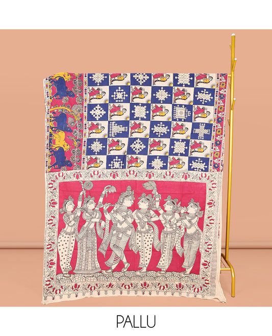 Multi-Color Machine-Printed Kalamkari Cotton Saree, Adorned with Kolam and Human Motif Enclosed Checks on Its Body, Complemented by a Contrast Pichwai Cow Printed Border, Pallu of Floral Vine Print, and Paired with a Printed Blouse