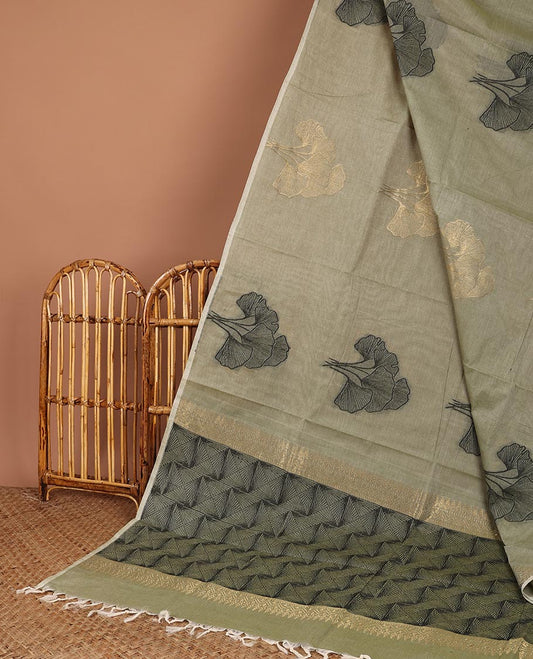 Borderless green coimbatore cotton saree with buttas, intricately printed pallu