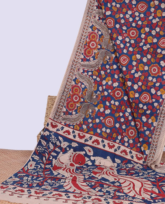 Blue floral vine design machine-printed kalamkari cotton saree with floral design border & pracock, geometric design pallu
