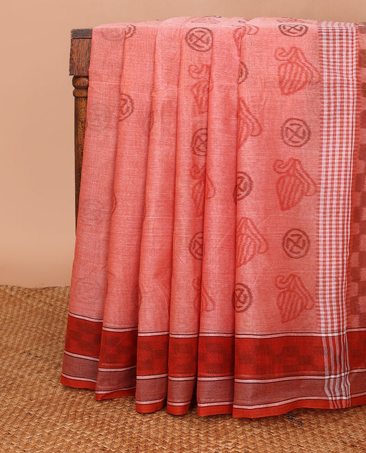Orange uniquely printed Bengal cotton saree, ikkat-style checked border & uniquely printed pallu