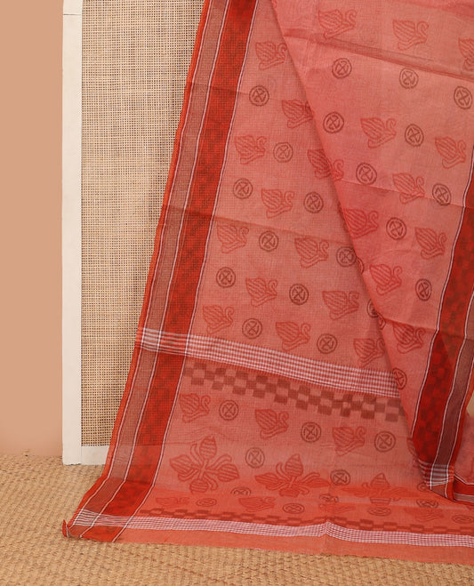 Orange uniquely printed Bengal cotton saree, ikkat-style checked border & uniquely printed pallu