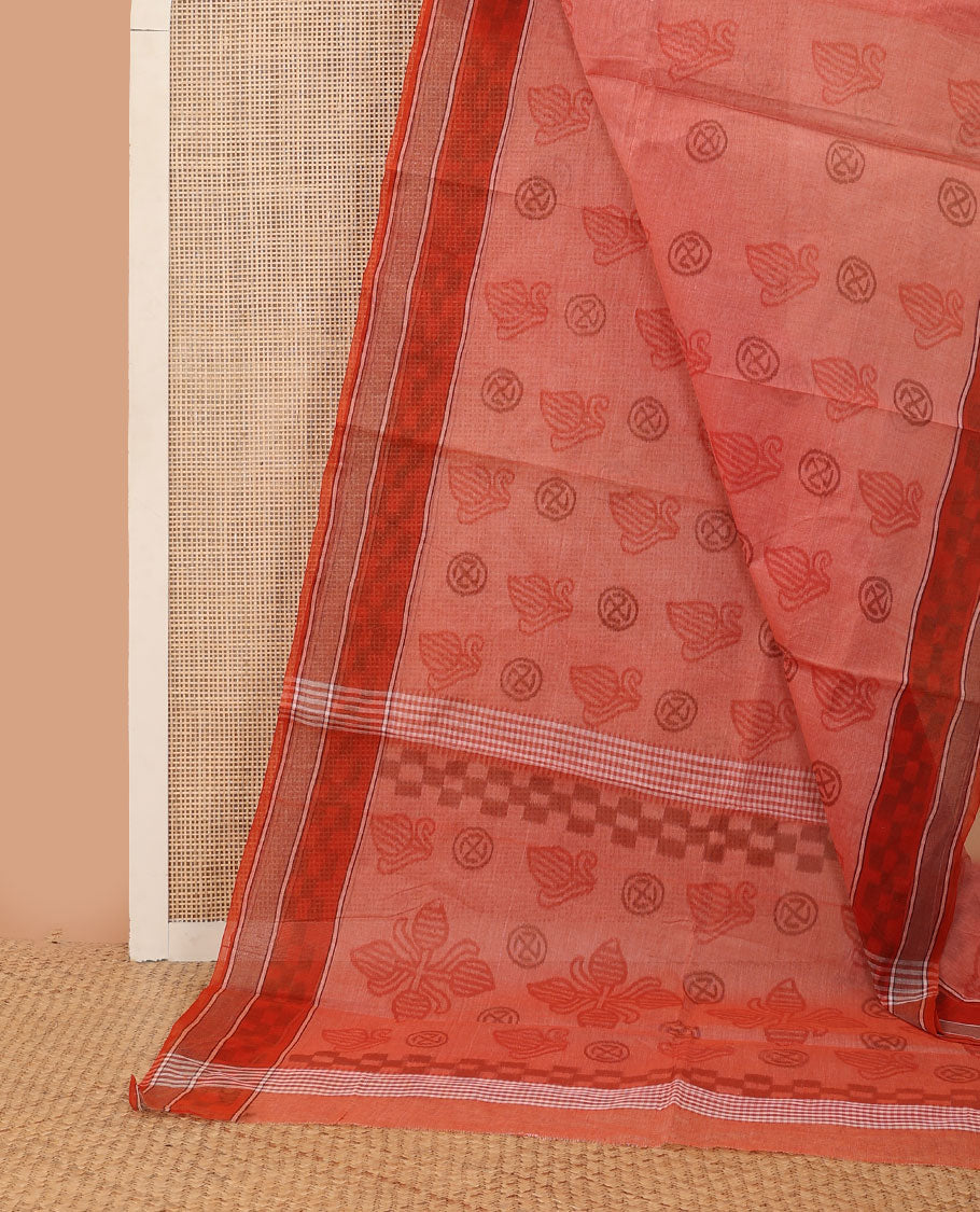 Orange uniquely printed Bengal cotton saree, ikkat-style checked border & uniquely printed pallu