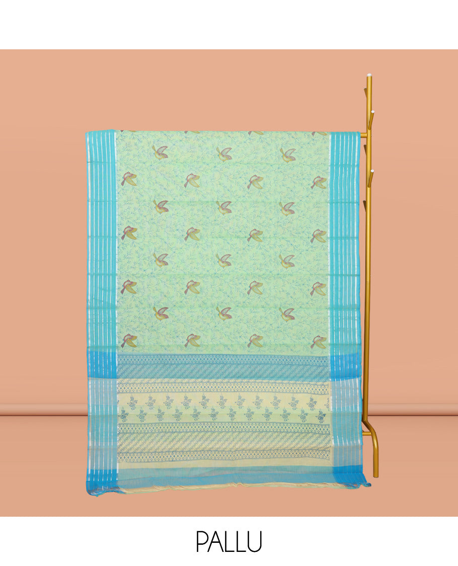 Green Chirala Cotton Saree, Elevated with Floral and Deer Motifs, a Contrast Deer Motifs Border, Striped Pallu, and a Matching Blouse