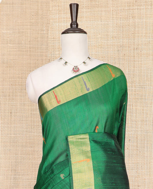 Green Dupion Silk Saree Prettified with Muniya Buttas All Over Its Body, Subtly Self-Zari Border of Muniya Designs, Colorfully Woven Pallu of Floral Motifs, and Paired with a Matching Blouse