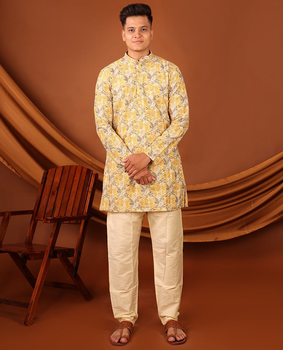Yellow Tropical-Style Floral Printed with Sequins Work Full-Sleeved Men's Kurta