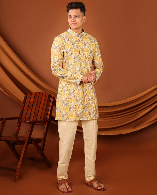 Yellow Tropical-Style Floral Printed with Sequins Work Full-Sleeved Men's Kurta