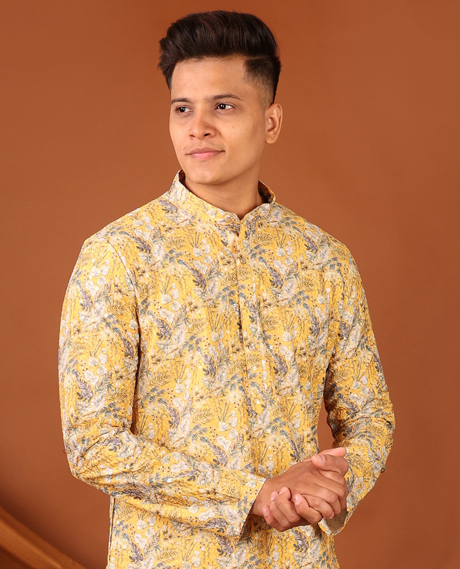 Yellow Tropical-Style Floral Printed with Sequins Work Full-Sleeved Men's Kurta