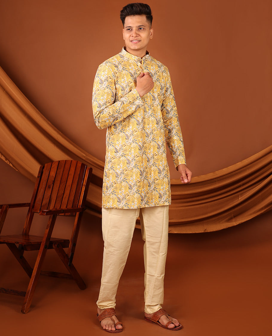 Yellow Tropical-Style Floral Printed with Sequins Work Full-Sleeved Men's Kurta