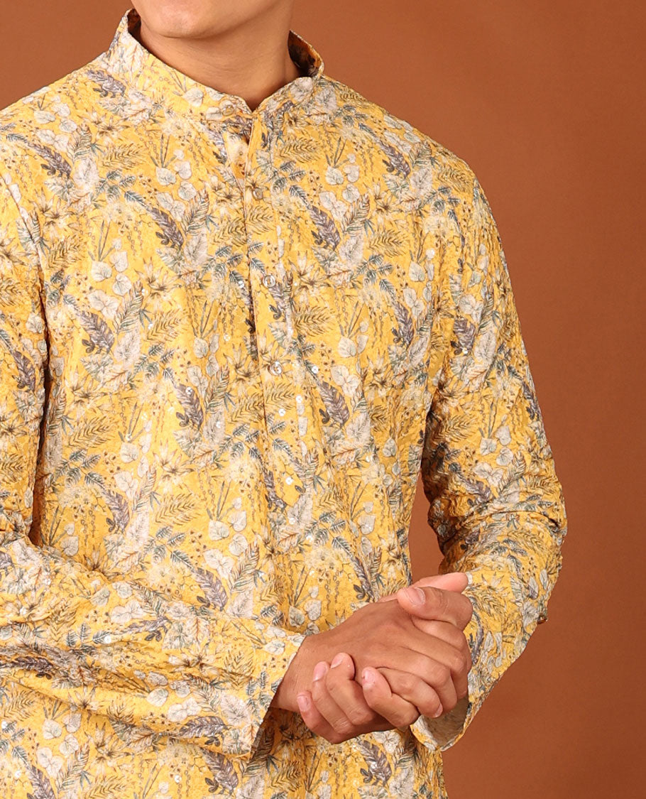 Yellow Tropical-Style Floral Printed with Sequins Work Full-Sleeved Men's Kurta