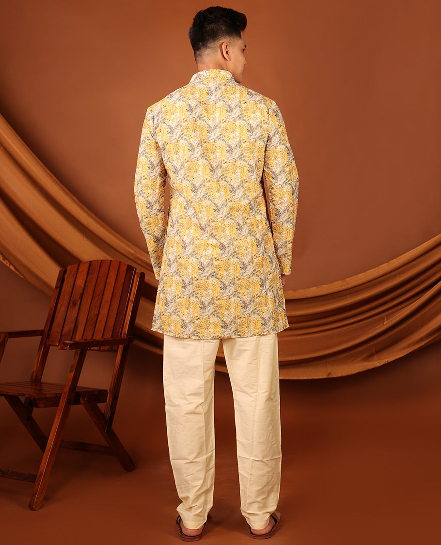 Yellow Tropical-Style Floral Printed with Sequins Work Full-Sleeved Men's Kurta