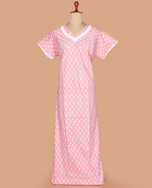 Baby pink buttas printed with leaf-neck embroidered half-sleeve cotton nighty