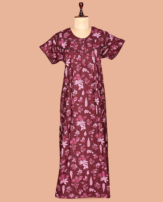 Maroon Tropical Cotton-Blended Nighty