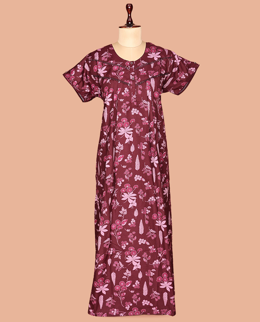 Maroon Tropical Cotton-Blended Nighty
