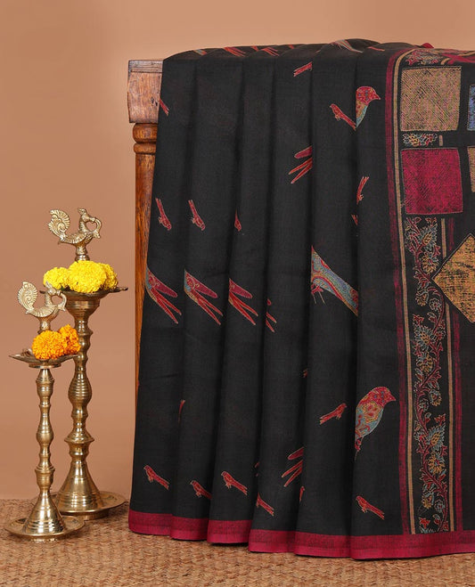 Black colorful bird motifs digital printed linen cotton saree, contrast piping border & kaleidoscopic-colored pallu of floral creeper & geometric print