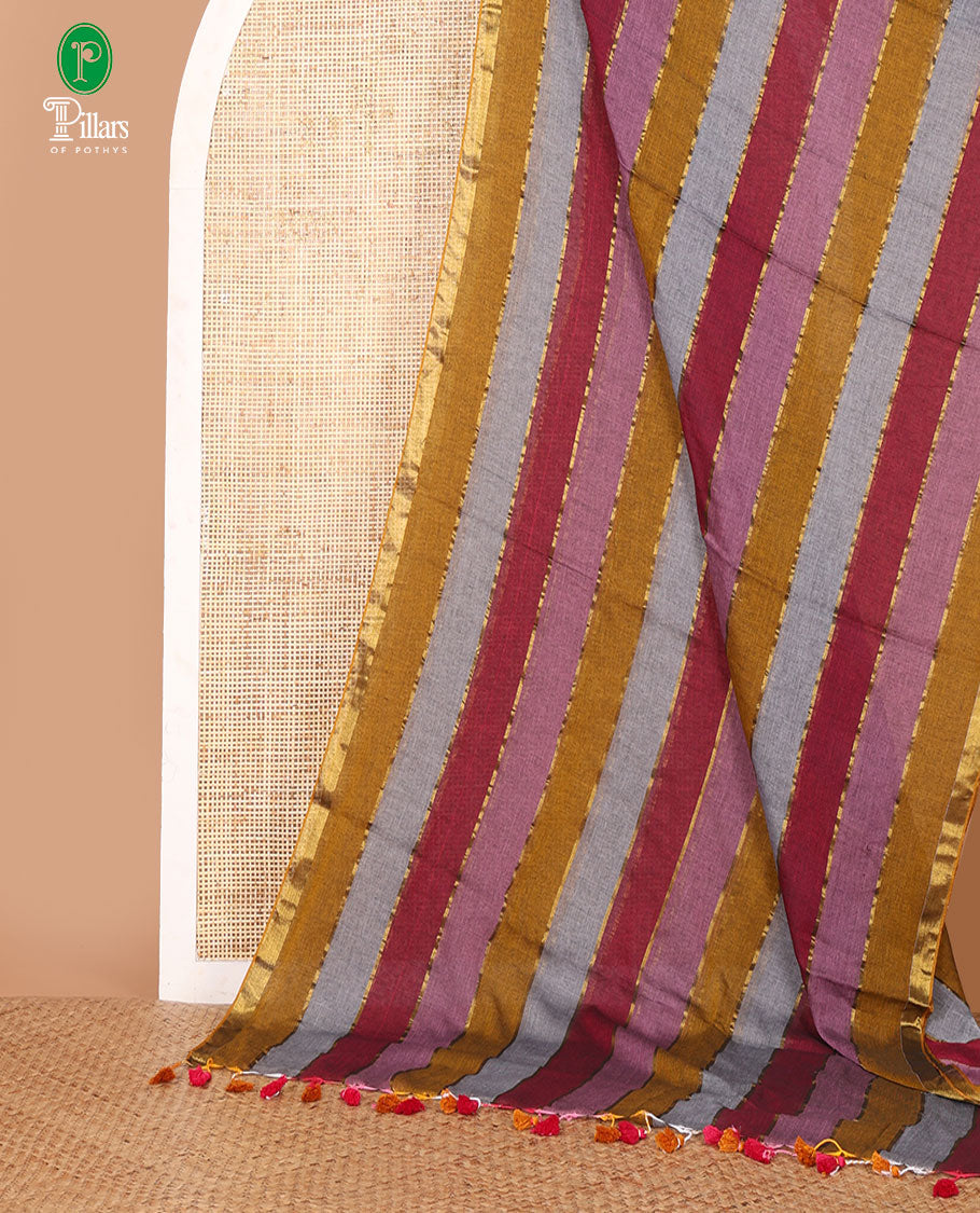Kaleidoscope-color striped khadi cotton saree, zari piping border, multi-color tassels pallu & colorful striped blouse